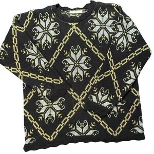 Dana Scott Black Gold Snowflake Chain Knit Sweater‎ Large Made in USA